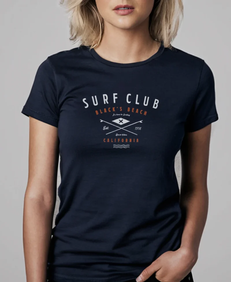 2 mujer en camiseta azul navy surf detalle