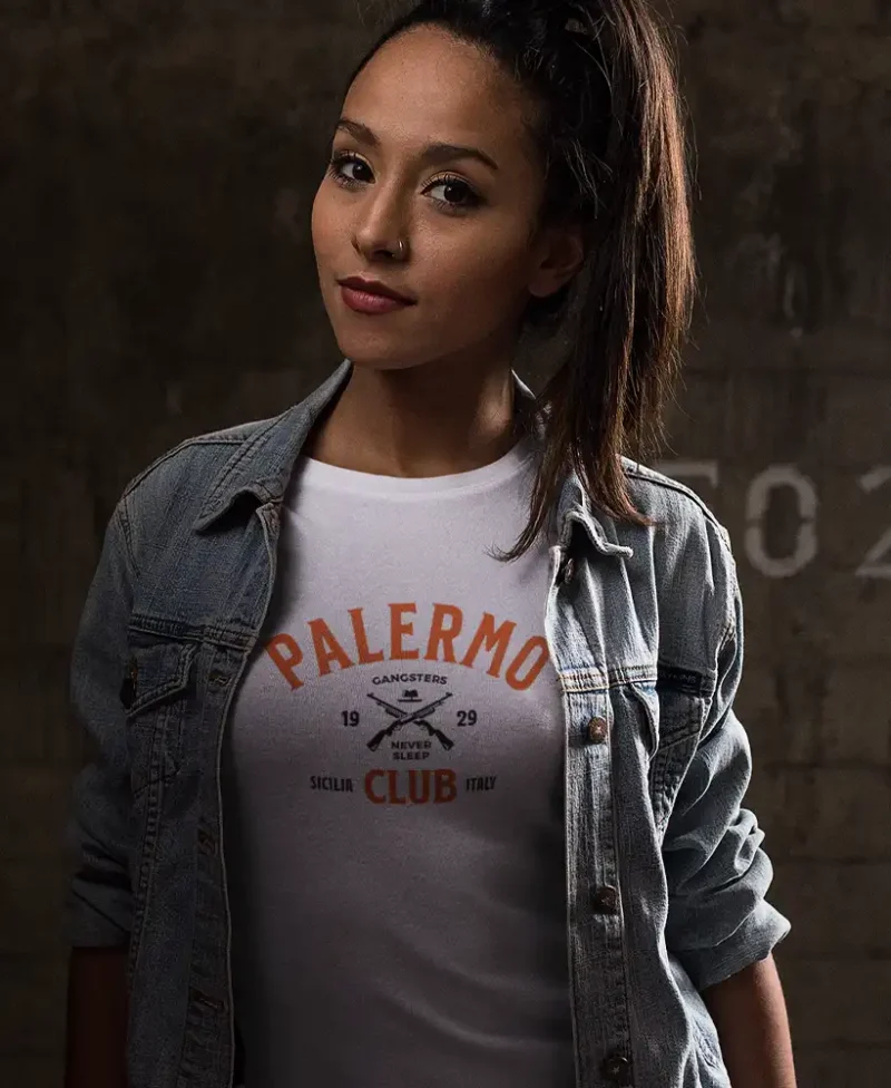 cicha en camiseta color blanco con diseño palermo gangster mafia