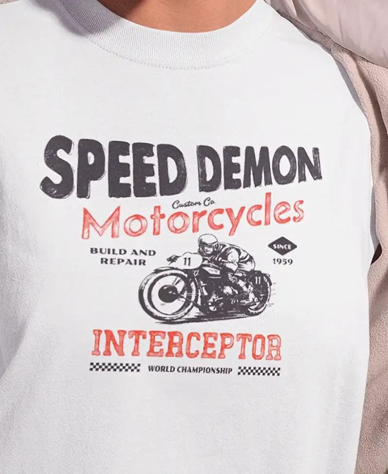 diseño en camiseta color blanco con diseño speed demon motorcycles