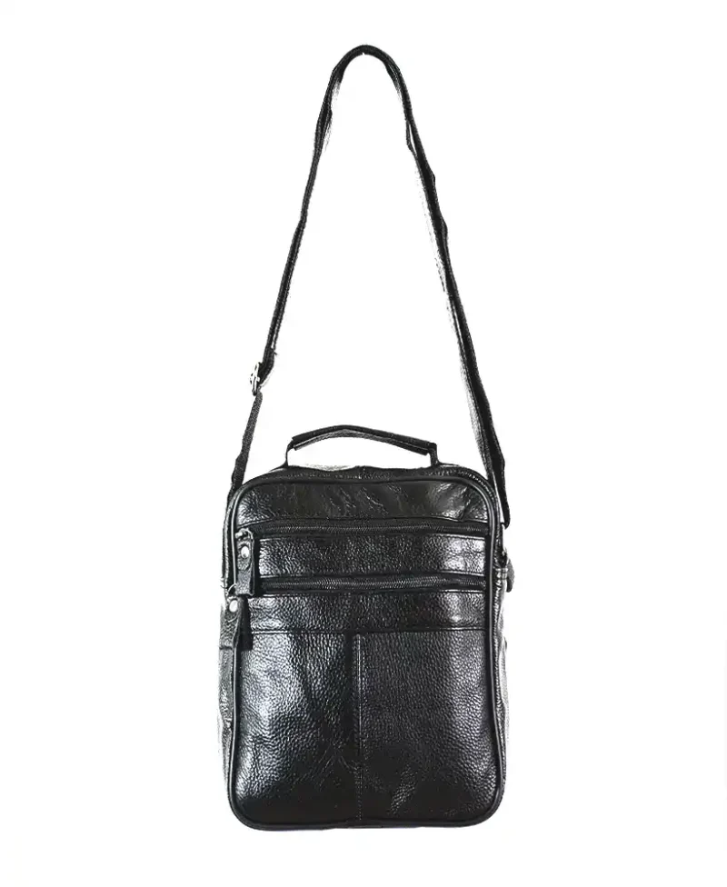 bolso negro para hombre o mujer con cuatro cremalleras foto trasera