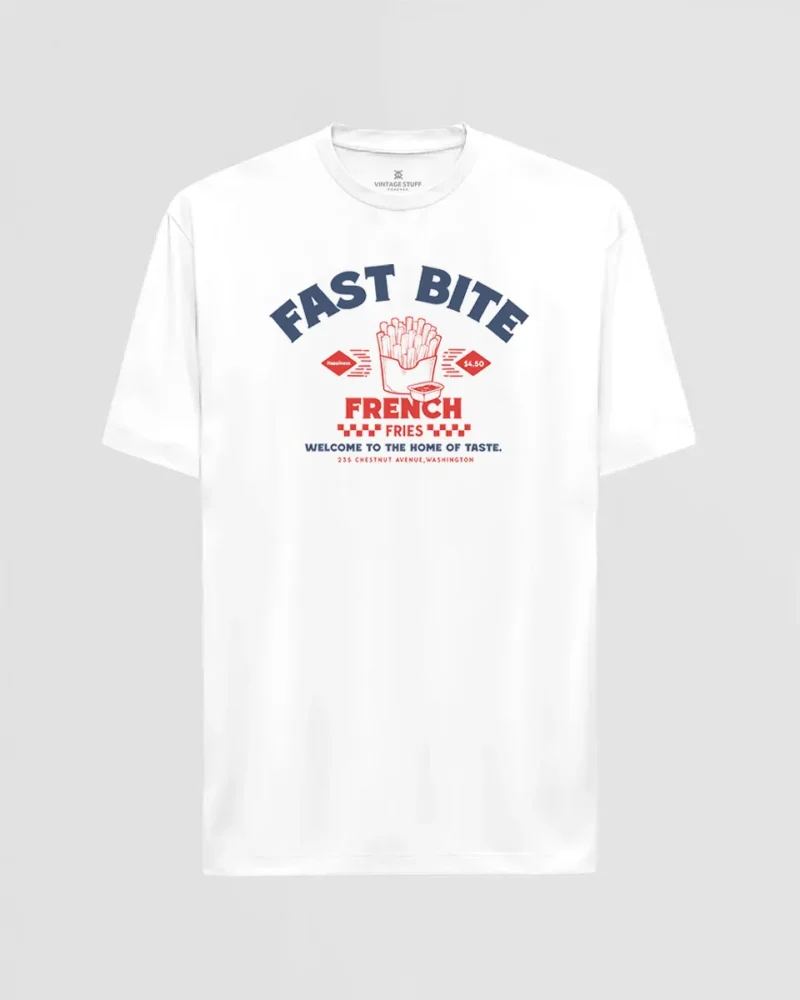 CAMISETA BLANCA DE ALGODON CON MOTIVO FAST BITE DE PATATAS FRITAS DE