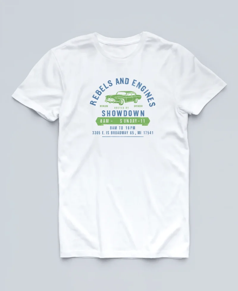 camiseta blanca con coche rebels