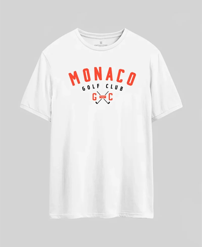 camiseta de algodon blanca con texto monaco betancourt golf