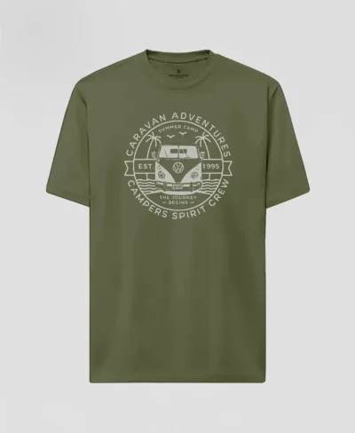 camiseta verde militar de algodon con diseno de surfer y un coche vintage