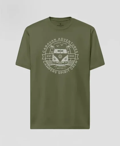 camiseta verde militar de algodon con diseno de surfer y un coche vintage
