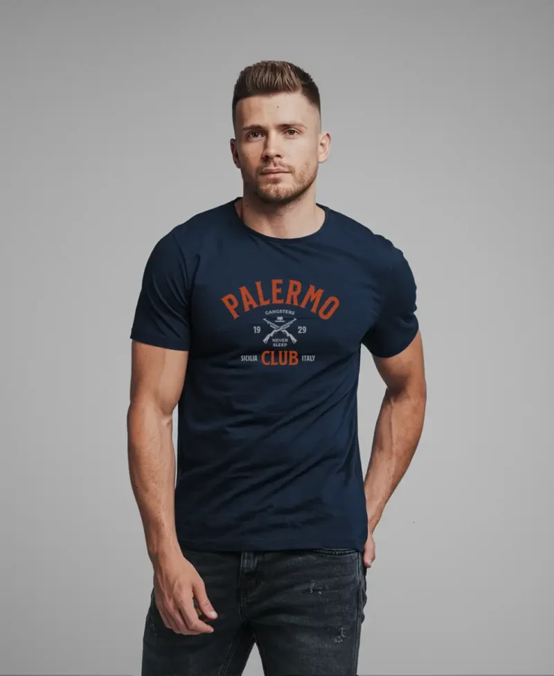 hombre en camiseta azul marino gangster