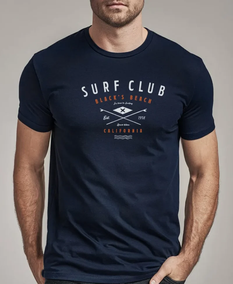 hombre en camiseta azul navy surf detalle