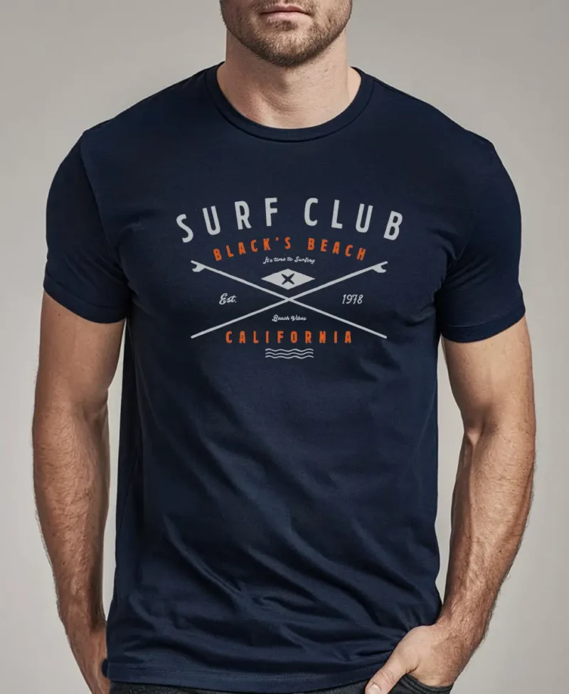 hombre en camiseta azul navy surf detalle