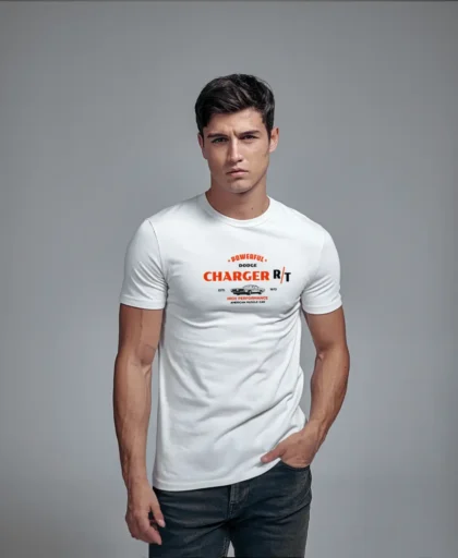 hombre en camiseta blanca charger rt