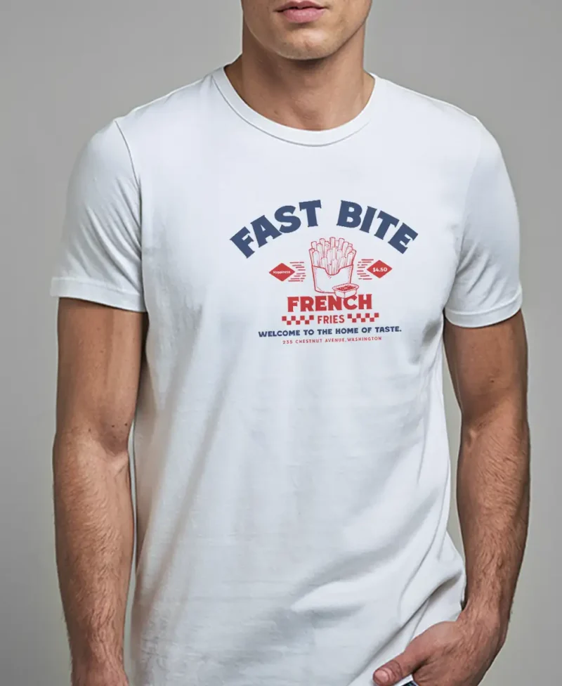 hombre en camiseta blanca fast bite detalle