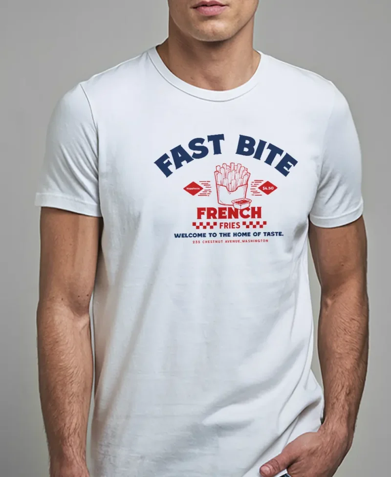 hombre en camiseta blanca fast bite detalle