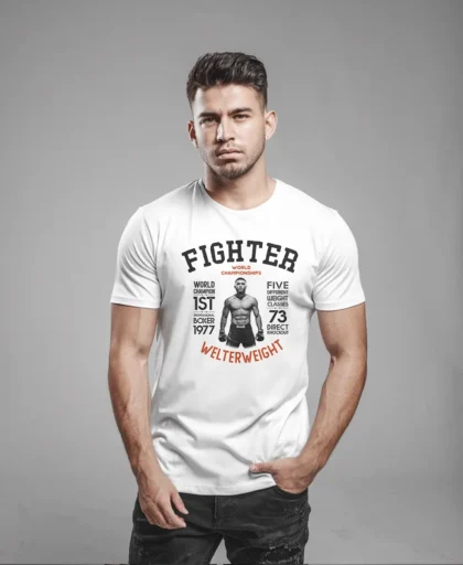 hombre en camiseta blanca fighter