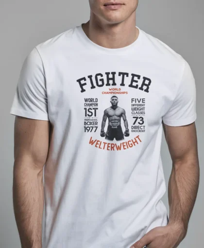hombre en camiseta blanca fighter DETALLE