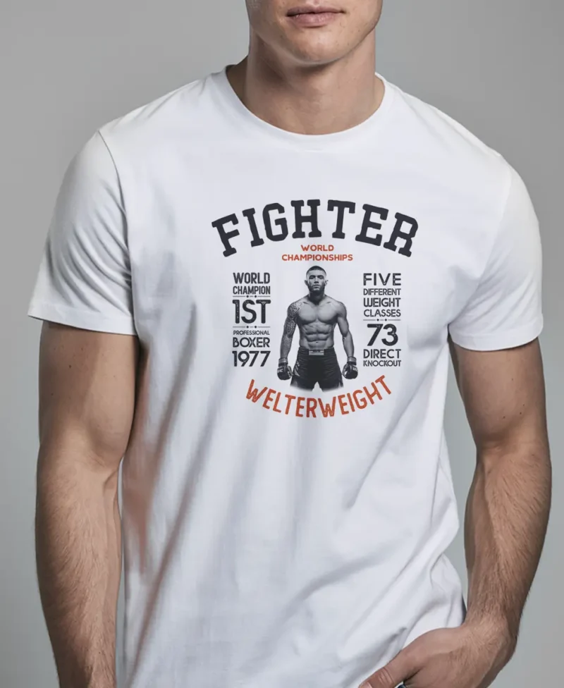 hombre en camiseta blanca fighter DETALLE