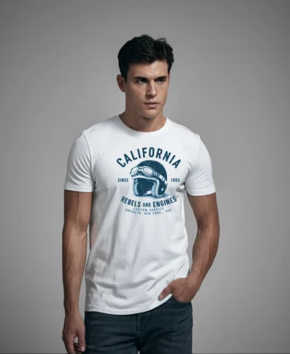 hombre en camiseta blanca motera azul