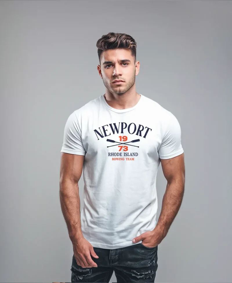 hombre en camiseta blanca y diseno NEEWPORT
