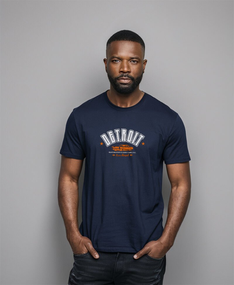 hombre modelo en camiseta azul detroit