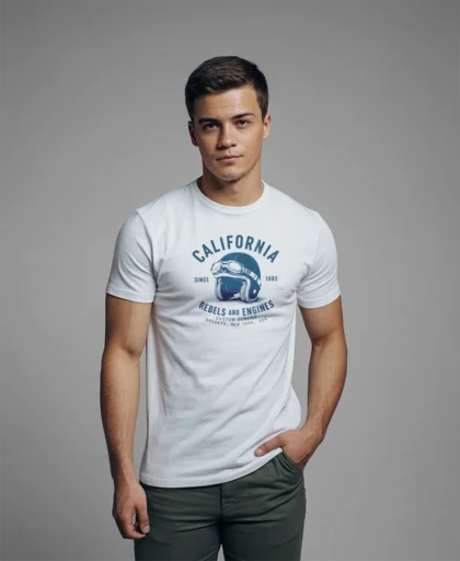 modelo en camiseta blanca y diseno casco