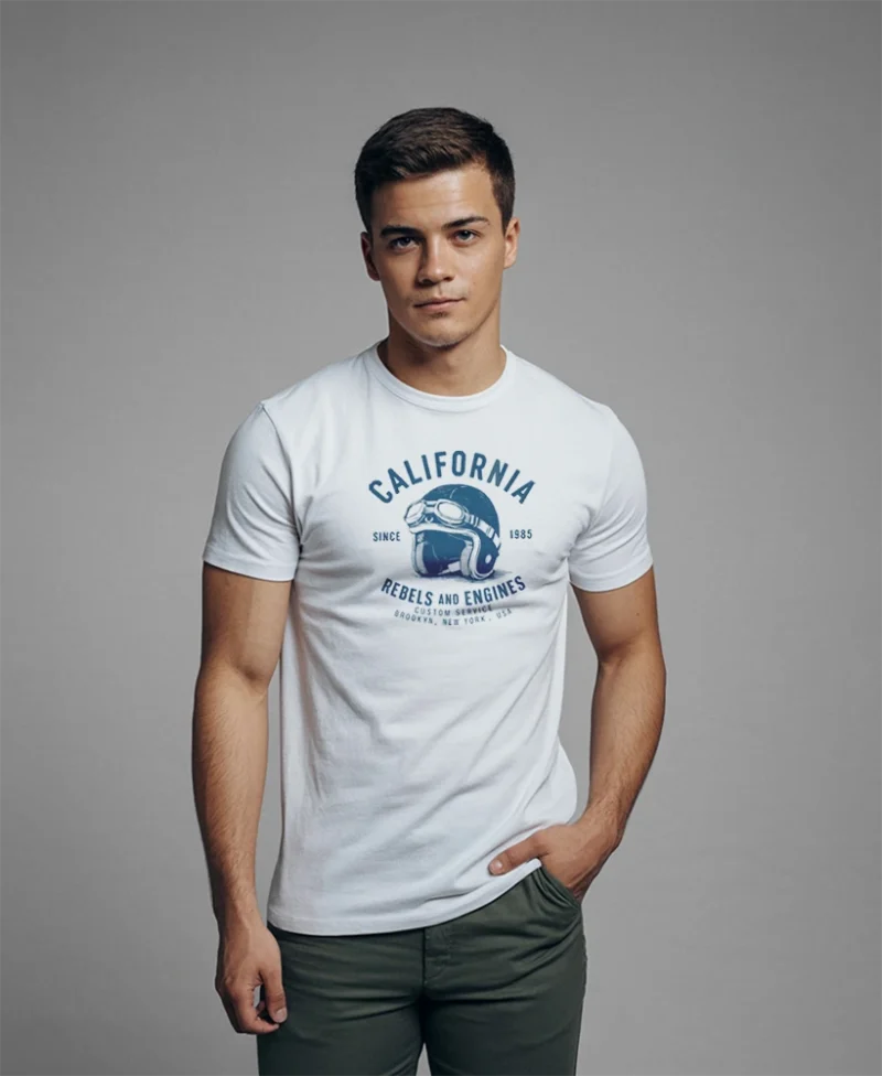 modelo en camiseta blanca y diseno casco