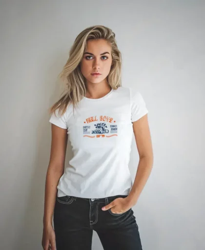 mujer en camiseta blanca azul kart