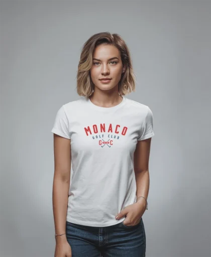 mujer en camiseta blanca monaco
