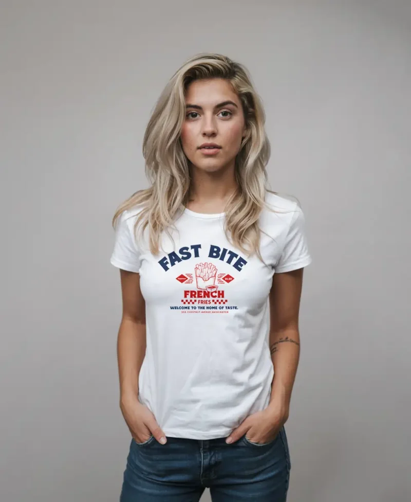 mujer en camiseta color blanca fast bite