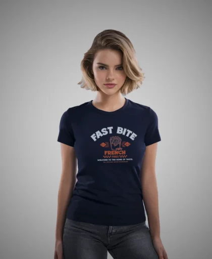 mujer en camiseta color navy azul fast bite