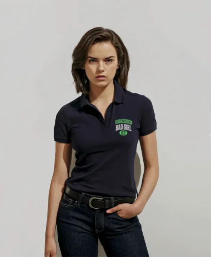 mujer modelo de moda en polo navy y logo RAGAZZACCIA