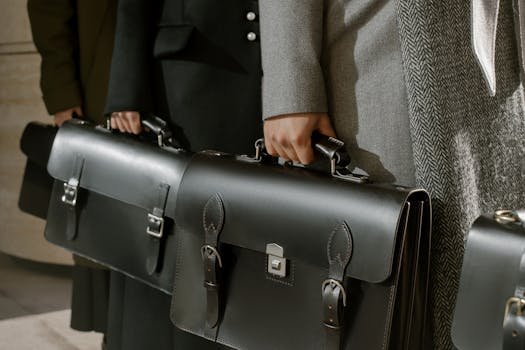 pexels-photo-6535346-6535346 Group of adults holding sleek leather briefcases in formal business attire, emphasizing corporate professionalism.